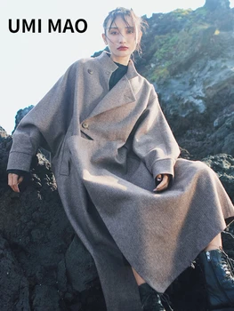 UMI MAO Tmavé francúzsky Hepburn Vlnené Plášte Žien Nové Windbreaker Mid-dĺžka Nad kolená Voľné Zákopy Srsti Ženy Kabát 0