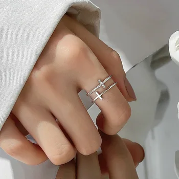 2022 Nové Módne Striebornú Farbu Dvojitého Kríža Blikajúce Zirkón Otvoriť Prstene pre Ženy Študent kórejský ukazovák Krúžok Šperky