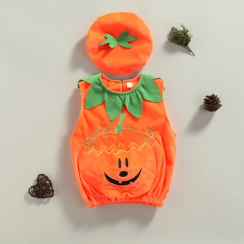 Halloween dvojdielne Šaty Nastaviť Oranžová Tekvica Výšivky Vzor Topy bez Rukávov Spp Baby Chlapci, Dievčatá Halloween Kostým