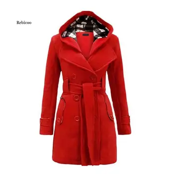 Jesenné a zimné kapucňou žien vlny kabát teplé fleece bunda s pásom double-breasted XL office slim fit bunda