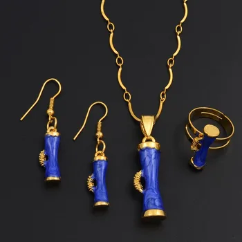 Anniyo PNG Bubon Blue & Zelená Smalt Šperky sady Prívesok Náhrdelníky Náušnice pre Ženy, Papua-Nová Guinea Svadobné Šperky #192106
