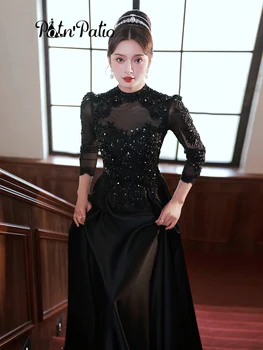 Luxusné Korálkové Appliques Black Satin Večerné Šaty Dlhé Elegantné O-Krku A-Line Podlahy-Dĺžka Moslimských Formálne Šaty S Rukávmi 0