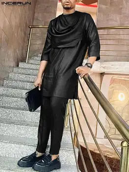 2022 Moslimských Mužov Sady Solid Farba Vintage Islamské Oblečenie 3/4 Rukáv Nepravidelný Tričko a Nohavice 2KS Mužov Bežné Obleky S-5XL INCERUN