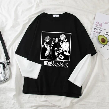 Tokio Avengers Dlhým rukávom T-shirt Hip-hop Streetwear 200s Jesenné Vinobranie Harajuku Bavlny O-krku Falošné Dvoch-dielny top Y2k Oblečenie