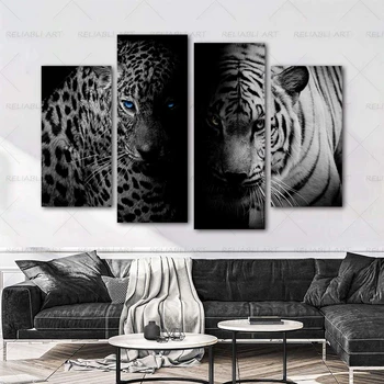 4 Panely Leoparda, Tigra Maľovanie Čierne a Biele Plátno, Vytlačí Moderného Domova Plagát na Stenu Umenia Pre Obývacia Izba Obrázky Zvierat