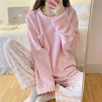 Krásne Dievčenské Pyžamo Sady Pre Ženy, Coral Fleece Sleepwear 2022 Zime 2 Kusov/Súprav Kolo Krku Príležitostné Voľné Domáce Oblečenie