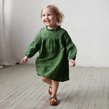 Jeseň Batoľa Detský Baby Girl Dress Pastoračnej Štýl Volánikmi Dlhý Rukáv Pevné Bavlnená posteľná Bielizeň Strany Ležérne Oblečenie detské Oblečenie 0