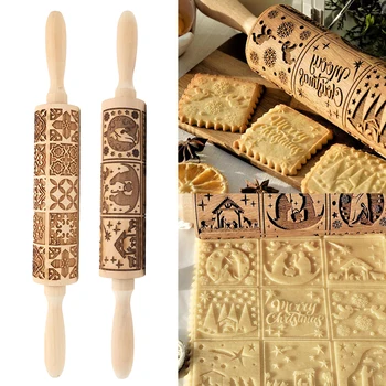 Vianočné Razba Koľajových Pin Pečenie Cookies Biscuit Fondant Tortu Cesto Vyryté Sobov Snowflake Elk Vzor Drevený Valček