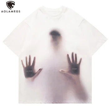 Aolamegs Mužov Nadrozmerné T-Shirts Abstraktné Rozmazané Siluetu Grafické Tlač Tričko Lete Hip Hop Voľné Tee Bežné Pár Oblečenie