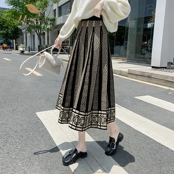 SISHION Zimného Čiernych Skladaný Pletené Sukne Ženy Boho Tlač Vintage Vysoký Pás Sukne 2022 Bežné Sukne WF0234