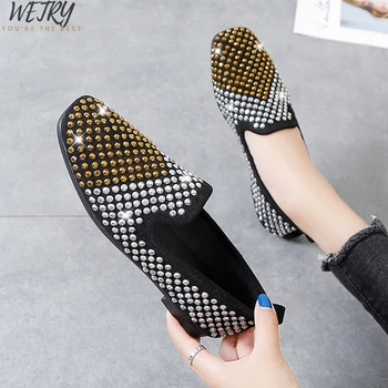 2020 Ženy Bytov Topánky Móda Drahokamu Mokasíny Pošmyknúť na Ploché Topánky Ženy Štvorcové Prst Bežné Ženské Bytov Zapatos De Mujer 0