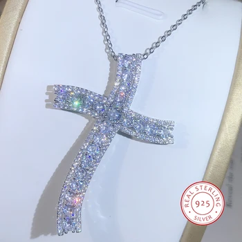 Luxusné 925 Silver Cross Prívesok Vyhlásenie Náhrdelník S AAAA+ Zirkón Dlhý Náhrdelník Pre Ženy, Muža, Náboženské Módne Šperky Darček