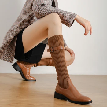 2022 Ženy, kolena-vysoké topánky prírodná koža 22-25 cm cowhide+lietať pletené plný kožené ponožky, topánky opasku chudá topánky