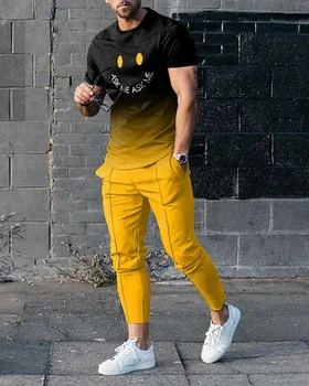 Urban Man 3D Smiley vytlačené Krátky Rukáv T Shirt Dlhé Nohavice 2 Ks Súpravy Bežné Trend Nadrozmerné Oblečenie Letné Tepláky Mužov