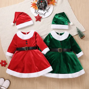 Červená A Zelená Dievčatá Zdobiť Vianočné detské Oblečenie Pás Slim Santa Claus Módne Kožušiny Plyšové Zimné Oblečenie + Čiapky