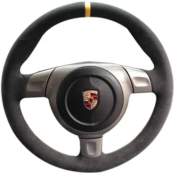 Pre Porsche 911 997 987 2005-2012 Všetky Čierny Semiš Kožené Žltú Značku Pásy Auto Ručne šité Auto Volant, Kryt Nastaviť