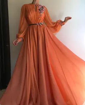 Moslimské Orange Dlhé Rukávy Kvety Večerné Šaty A-Line Šifón Islamskej Saudskej Arabčina Prom Šaty Župan De Soiree Vestidos De Gala