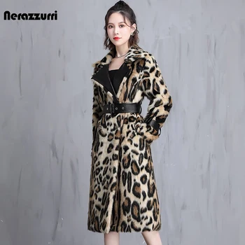 Nerazzurri Zimné Dlhé Leopard Tlač Teplé Načechraný Umelú Kožušinu Kabát Ženy s Kožený Pás Vzletovej a Luxusné Európskeho Štýlu Módy 2021