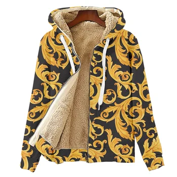 Pánske Nadrozmerné Fleece Zimná Bunda Tepelnej 3D Barokový Tlač Royal Luxusné Zlaté Vzor Mikiny dámske Dlhý Sveter Harajuku