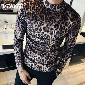 2020 Nové Zimné Leopard Vytlačené T Košele Mužov Velvet Mens Turtleneck Topy Slim Fit T Tričko Pánske Dlhý Rukáv Sexy Fitness Tshirts