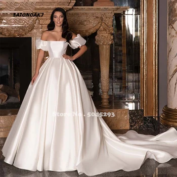 2021 Elegantné Ramena Saténové Svadobné Šaty Krátke Nafúknuté Rukávy-Line Princezná Svadobné Šaty S Vlakom Vestido De Novia