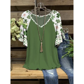 Ženy Top 3D Four-Leaf Clover Vytlačené T-Shirt Voľné Prehrabať tvaru Krátky Rukáv Bežné T-Shirt Lete Streetwear