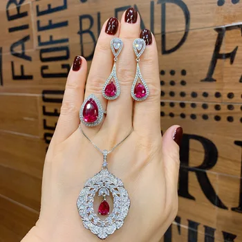 RUZZALLATI Nový Príchod Luxusné Strieborné Farba Ženy Módne Šperky Sady Oslňujúci Lab Ruby Kameň Vintage Prsteň Náušnice Náhrdelník