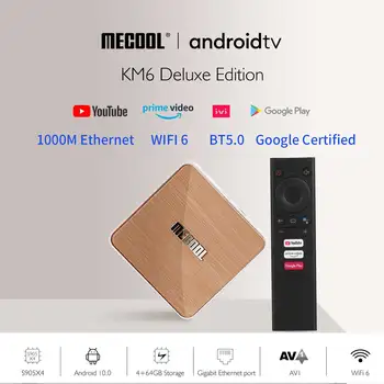 Mecool KM6 Deluxe Smart TV Box Android 10 ATV Amlogic S905X4 4GB64GB 8K 2.4 G 5G WiFi6 Media Player Certifikované spoločnosťou Google Set-Top-Box