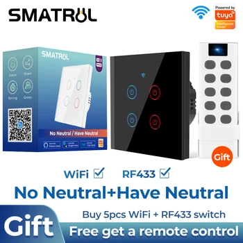 SMATRUL Tuya WiFi Touch Smart Switch Svetlo Bez Neutrálny Vodič Sklenená Stena EÚ, obojsmerná Kontrola 220V Časovač Pre Alexa Domovská stránka Google