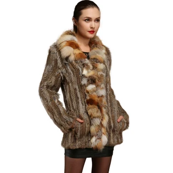 2020 nové jeseň ženy, skutočné králik kožušinový kabát s reálnymi fox kožušiny golier lady bežné kabát doprava zadarmo