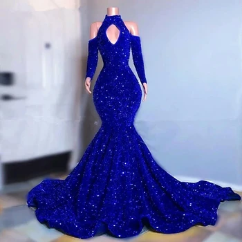 Kráľovská Modrá Sequin Morská Víla Prom Šaty Elegantné Mimo Ramenný Dlhý Rukáv Večerné Šaty Plus Veľkosť Formálnej Strany Šaty Vlastné