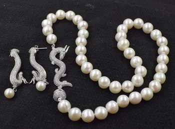 biela blízkosti kolo 10-11 mm sladkovodné perlový náhrdelník náušnice dargon spona 18-palcové veľkoobchod korálky prírody FPPJ žena