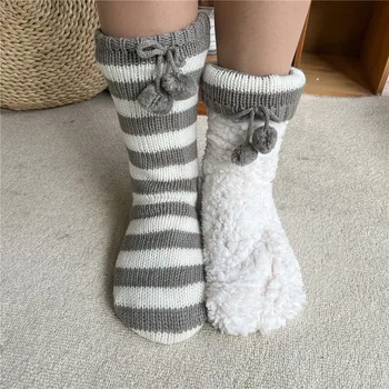 Termálne Fuzzy Ponožka Pruhované Dámske Pohodlné Teplé Zimné Spacie Mäkké Ženské Plyšové Non Slip Grip Kožušiny Loptu Krátke Poschodí Papuče Ponožky