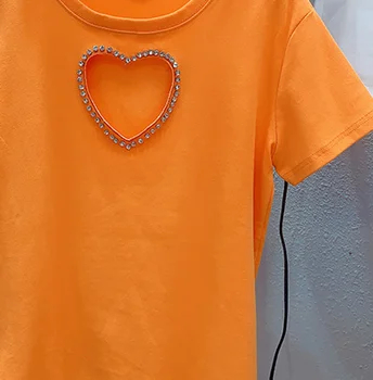 Diamond Hollow Srdce Kolo Krku Voľné Všetky Zodpovedajúce Krátke Sleeve T-shirt Ženy Letné Top All-Zápas Slim Tees 2021