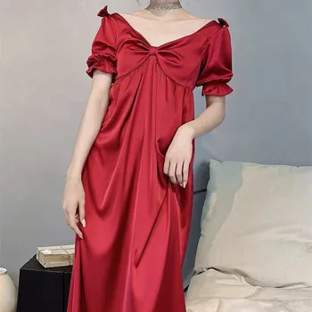 Nové Nightgown Francúzsky Súd Štýl Sladké Čela Dlhé Nightdress Sleepwear Lete Ženy Krátky Rukáv Sleepshirt Bežné Domáce Šaty