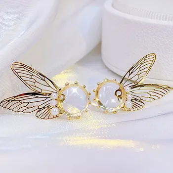 Kórejský Jemné Duté Butterfly Design Pearl Transparentné Náušnice Pokovovanie 14k Skutočné Zlato Elegantné pre Ženy Nádherné Ucho Stud