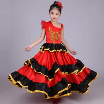 Satin Soft Červená Čierna Dospievajúce Dievčatá Španielsky Flamenco Sukne Prekladané Bling Sála Fáze Nosenie Výkon Šaty
