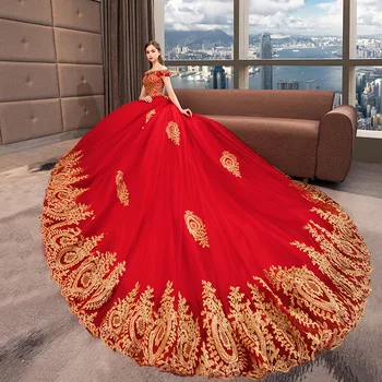 Červené Svadobné Šaty Vestido De Noiva Lodi Classic Krku Plesové Šaty Luxusnej Čipky Župan De Mariee Plus Sise Svadobné Šaty