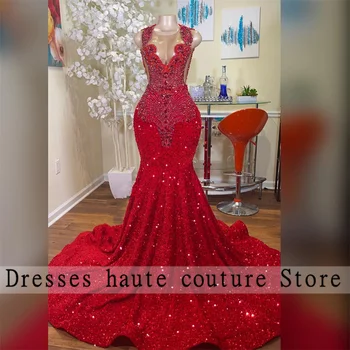 Luxusné Červené Korálkové Crystal Morská Víla Prom Šaty, Elegantné 2023 Black Dievčatá Velvet Flitrami Večerné Šaty Formálne Party Šaty Vestido