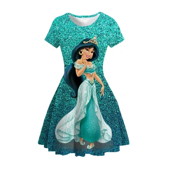 Deti, Dievčatá Disney Princezná Jasmine Tlač Šaty Módne Dieťa Dievča Leta Volánikmi Kostýmy Deti Sladké Krátky rukáv Oblečenie 0