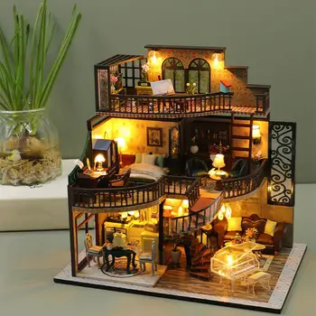 3D Doll House Kit Miniatúrny DIY Retro Villa Ručné Dreva Doll House na Vianoce Deti 0