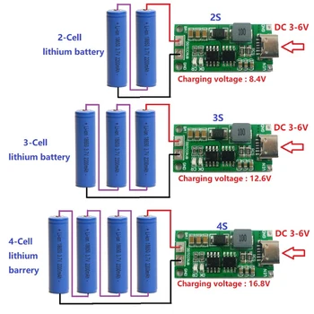 2S 3S 4S 1A Lítiové Batérie, Step-Up Boost LiPo Polymer Li-Ion Nabíjačka DC 3,7 V 5V Typu C Do 8.4 V 12,6 V 16.8 V