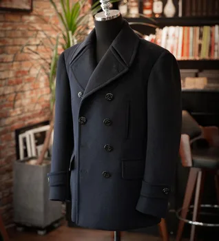 Pánske Vlnené Kabát Zimný Solid Black Double-Breasted V-Dlhý Rukáv Bundy Ležérne Módne Pekný Kabát