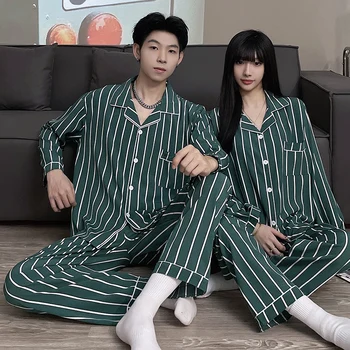 Unisex Satin Sleepwear Ženy, Muži Jeseň Zima Voľné Páry Pyžamo Nastaviť Milovníkov Nightgown Zelené Pruhy Pijamas Domáce Oblečenie