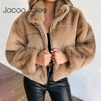 Jocoo Jolee Elegantný Luxusný Plodín Bunda Ženy Bežné Umelú Kožušinu Kabát Zimný Tuerleneck Zips Zahustiť Teplé Outwear Vintage Cardigan