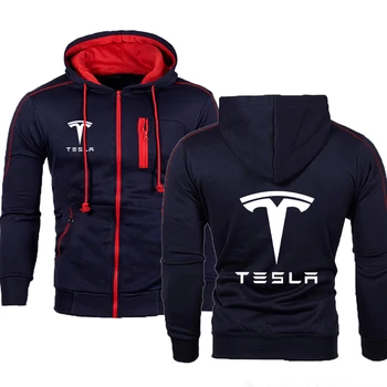 Hoodies Mužov Tesla Auto Logo Tlačiť Bežné HipHop Harajuku farbou Mens Kapucí Fleece Mikiny na zips Bunda Muž Oblečenie