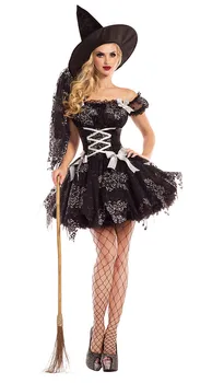 Dospelých Gotický Kostým Čarodejnice Halloween Party Čarodejnice Kostým Sexy Ženy Čierny Tyl Čarodejnice Šaty+Klobúk