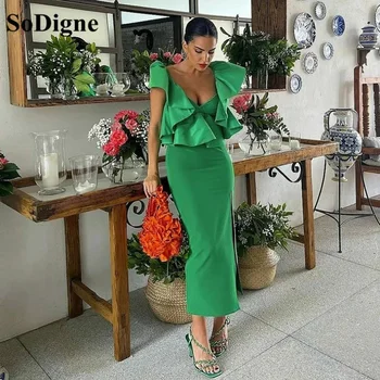 SoDigne Elegantný Zelený Satin Večerné Šaty Zloženke Spp Rukávmi Čaj Dĺžka Prom Šaty Lady Formálne Zvláštne Príležitosti Šaty 0