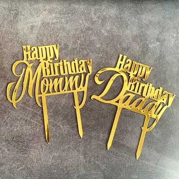 Nový Happy Birthday Mamička Otecko Akryl Tortu Vňaťou Zlaté Zrkadlo Tortu Vňaťou Pre Otca, Matku Narodeninovej Party Cake Dekorácie