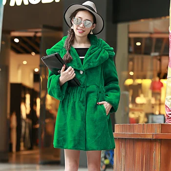 Nerazzurri Zelený Zimný Umelú kožušinu Kabát Ženy s Veľkou Kapucňou Dlhý Rukáv Luxusné Skladaný Žena Načechraný Bunda kórejský Módne 2021